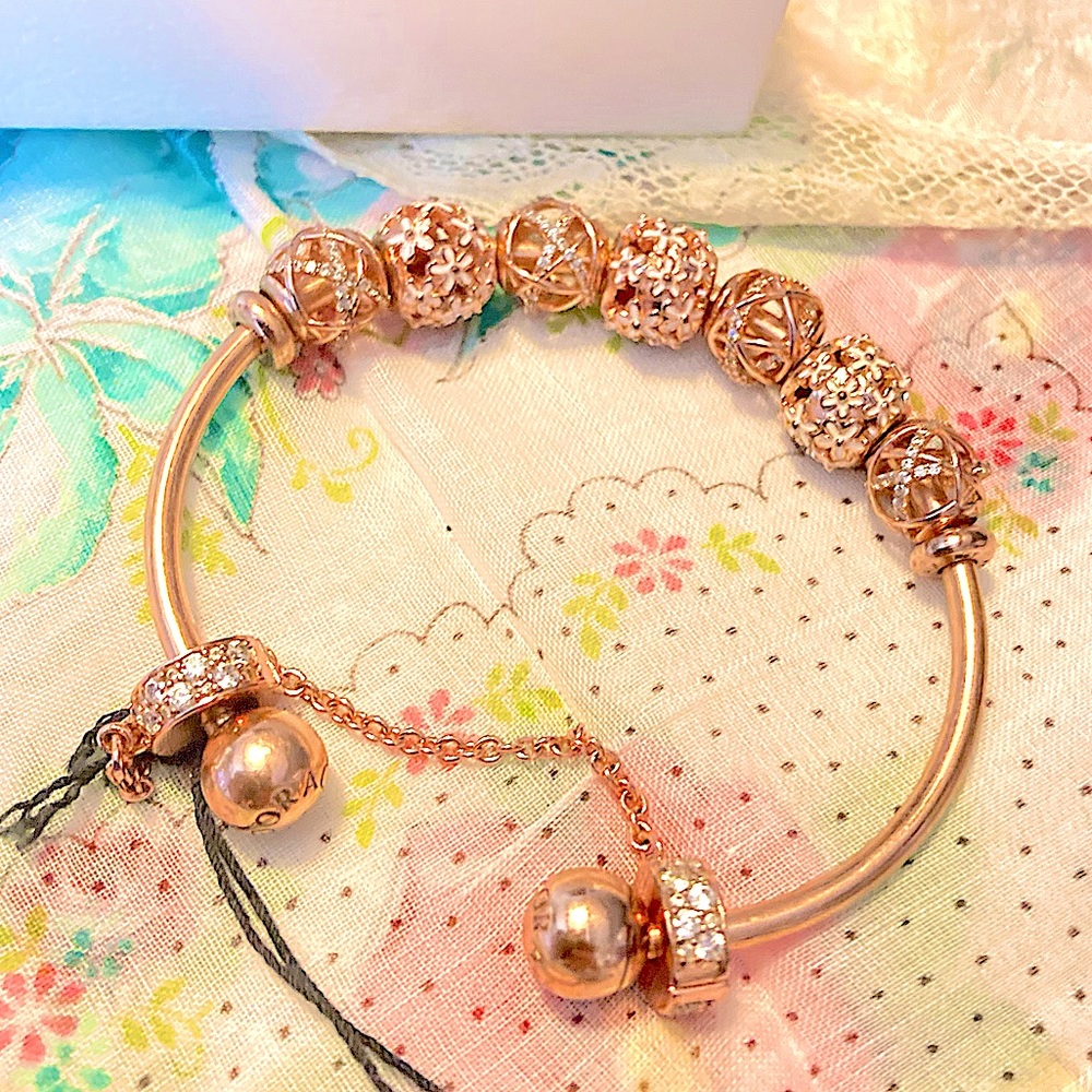 *AUTHENTIC PANDORA* 18krose gold over 925ss SIZE 3 Cuff bangle bracelet w/EXTRAS - Picture 9 of 15